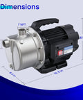 115V Shallow Well Garden Pump Workhorse With Stainless Steel Build, side view showing dimensions 14.5 in x 8.5 in x 8.9 in.
