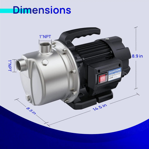 115V Shallow Well Garden Pump Workhorse With Stainless Steel Build, side view showing dimensions 14.5 in x 8.5 in x 8.9 in.