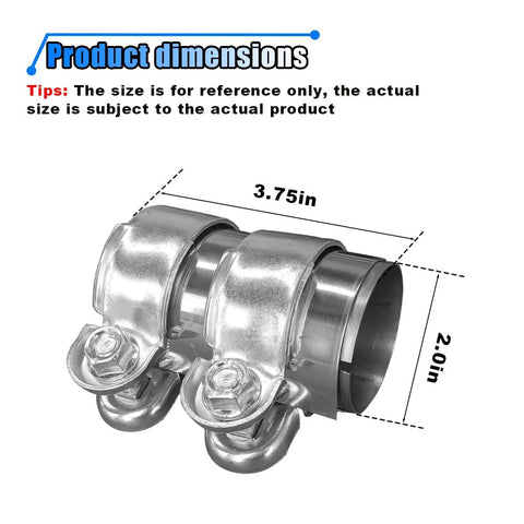 Stainless Steel 2 Inch Exhaust Clamp With Butt Joint Band Sleeve Connector for Mufflers and Tubes showing dimensions