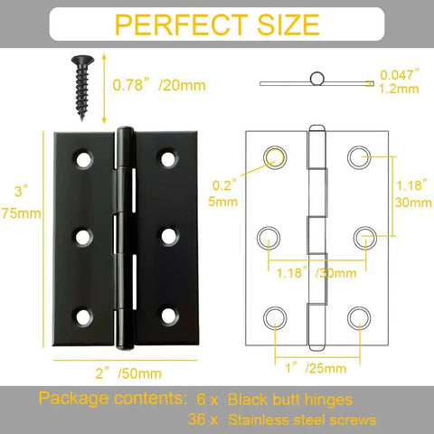 Six Pack 3 Inch Black Stainless Steel Butt Hinges With Hardware Heavy Duty Rust Resistant Cabinet Door Hinges For Furniture And Fine Woodworking Built Tough Ready To Rock On Any Job showing dimensions and screw details.