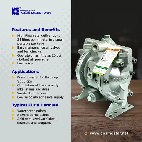 Heavy Duty 3/8 Double Air Diaphragm Pump Rock Solid Aluminum Body Teflon Valves for high flow fluid transfer
