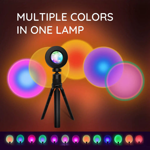 Sunset Lamp Projector With Remote 13 Color Multicolor Night Light tripod with vibrant color circles for bedroom vibe and ambience.