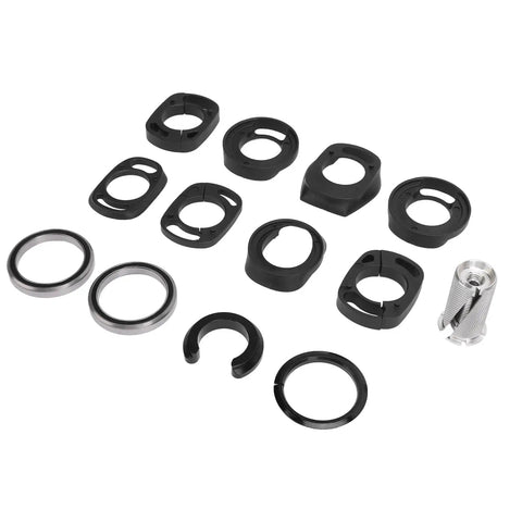 Complete Mountain Bike Headset Kit With CNC Machined Spacers, Top And Bottom Covers, Bearings, Fork Expander Plug components displayed