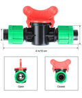 Irrigation In Line Barbed Shut Off Valve With Locking Fitting For Half Inch Drip Tape Tubing Sprinkler System Includes 4 Pack No Fuss Twist Lock For Leak Proof Connections Universal 16mm And 17mm Fit, showing dimensions and open-closed views.