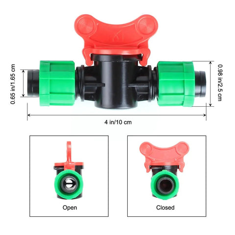 Irrigation In Line Barbed Shut Off Valve With Locking Fitting For Half Inch Drip Tape Tubing Sprinkler System Includes 4 Pack No Fuss Twist Lock For Leak Proof Connections Universal 16mm And 17mm Fit, showing dimensions and open-closed views.
