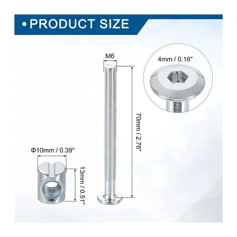 M6 Bed Frame Bolts Socket Head Screws With Barrel Nuts 75mm Length Heavy Duty Hardware for Furniture and Bunk Beds Sizing