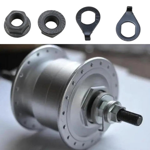 Three Eighths Inch Black Bike Hub Flange Nut Kit With Front And Rear Wheel Safety Washers Eight Piece Set on bike hub
