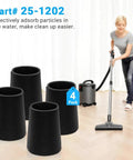 4 Pack Wet Foam Filter Replacements 25-1202 for 1 to 4 gallon wet dry vacuums, shown with a vacuum and a person cleaning a floor.