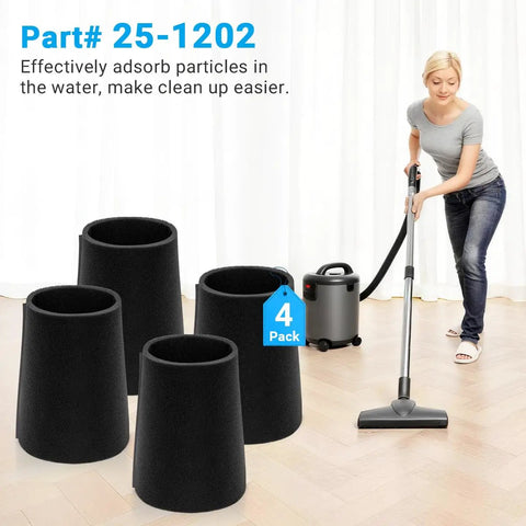 4 Pack Wet Foam Filter Replacements 25-1202 for 1 to 4 gallon wet dry vacuums, shown with a vacuum and a person cleaning a floor.