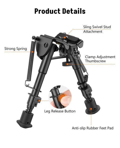 Adjustable Rifle Bipod 6 To 9 Inches, Lightweight Tactical Sling Stud Bipod With Heavy Duty Non Slip Feet, detailed parts view
