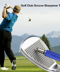 Golfer swinging next to close-up of Golf Groove Sharpener Pro Grade For Wedges And Irons Portable Club Groove Cleaner with blue handle.