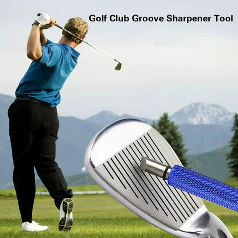 Golfer swinging next to close-up of Golf Groove Sharpener Pro Grade For Wedges And Irons Portable Club Groove Cleaner with blue handle.