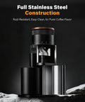 Zero Drama All Metal Single Dose Coffee Grinder Featuring A Quiet DC Motor And Eighty Precise Burr Settings For Smooth Home Espresso Grinding. Full stainless steel construction.