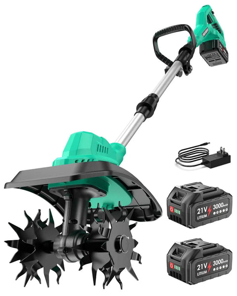 Cordless 21V Tiller Cultivator For Gardening, 350 RPM Electric Garden Tiller with 2x3.0Ah batteries and charger