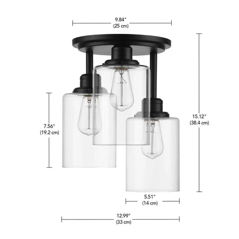 Three Light Industrial Tiered Matte Black Flush Mount Ceiling Light With Clear Glass Shade Dimmable E26 Base Low Profile Fixture