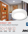 Slick 4 Inch Led Ceiling Light Low Profile Surface Mount Downlight Wet Rated Matte White Trim in a modern entryway.