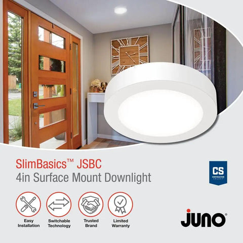 Slick 4 Inch Led Ceiling Light Low Profile Surface Mount Downlight Wet Rated Matte White Trim in a modern entryway.