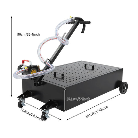 Heavy Duty 20 Gallon Oil Drain Pan With Pump For Garage Shop, Ultra Fast Flow Rate Steel Oil Collector Cart showing dimensions and handle.