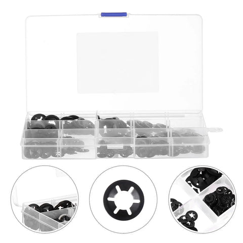 Internal Tooth Lock Washers Fasteners Kit 340pc Set with black star locking washers in clear storage case