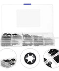 Internal Tooth Lock Washers Push On Quick Clips Black 340 Piece Assortment Kit in plastic organizer box