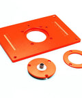 Heavy Duty Aluminum Router Table Insert Plate Slick Woodworking Milling Flip Board Rock Solid Shop Ready And Built Tough for CNC routing, featuring orange color and precision slots.