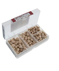 Wood Plug Kit 300 Piece Variety Pack With Assorted Three Eighths Inch And One Half Inch Plugs And Buttons in open plastic case