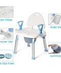 2 In 1 Shower Chair With Commode Bath Bench inside shower with back and arms, heavy duty 450lbs capacity, showing additional features.