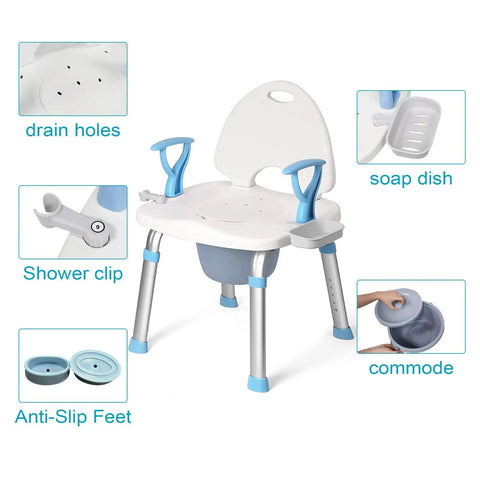 2 In 1 Shower Chair With Commode Bath Bench inside shower with back and arms, heavy duty 450lbs capacity, showing additional features.