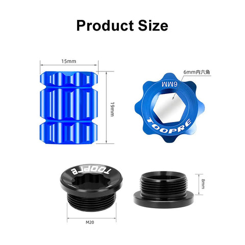 M20 Crank Arm Cap Removal Tool And Crank Cover Set for Shimano Hollowtech II, blue and black components with size dimensions