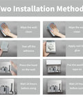 Installation guide for Five Pack Wall Mounted Mop And Broom Holder Set with illustrations of two wall mounting methods.
