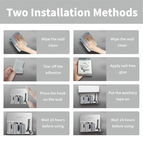 Installation guide for Five Pack Wall Mounted Mop And Broom Holder Set with illustrations of two wall mounting methods.