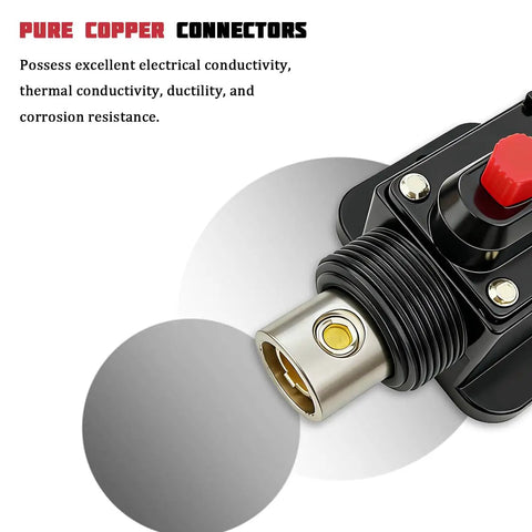 Close-up of pure copper connectors on the Road Ready 20 Amp circuit breaker, showcasing electrical efficiency and corrosion resistance.