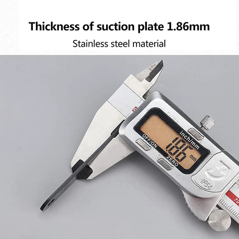 Caliper measuring 1.86mm thickness of stainless steel suction plate from Push To Open Magnetic Cabinet Latch Kit 2 Pack