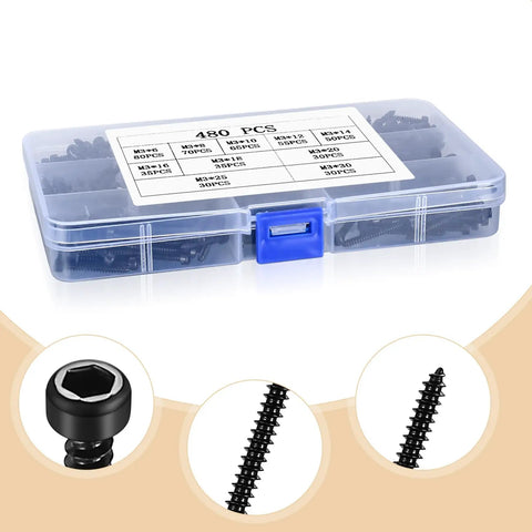 M3 Stainless Steel Hex Socket Cap Screws Kit 480 Pcs Self Tapping Wood Screws Assortment Set Hex Drive Cap Head Self Drilling Black Finish