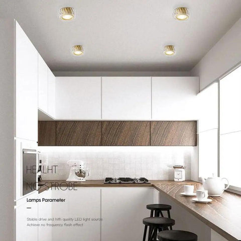 Super Slick 9 Pack Led Recessed Lighting Kit Featuring Heavy Duty Brass Housing And Crisp Crystal Trim For Living Room Hallway No Sweat Install flat ceiling with recessed lights in modern kitchen.