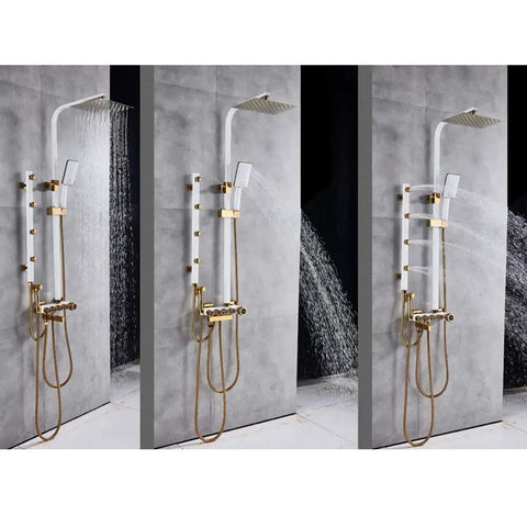 UMJIGF Luxury Shower System with Hot and Cold Water Shower Combo Set Multifunction 4 Handle Shower Faucet Set, White and Gold