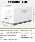 Electric Coffee Roaster Machine With Adjustable Temp And Timer Non Stick Stir Fry Drum 1600W side view with dimensions and features.