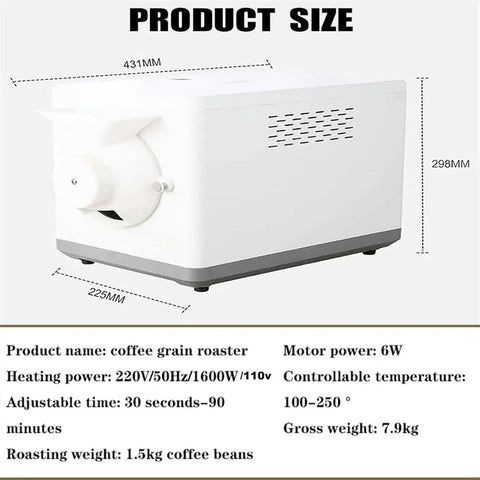 Electric Coffee Roaster Machine With Adjustable Temp And Timer Non Stick Stir Fry Drum 1600W side view with dimensions and features.