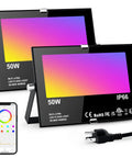 Two Outdoor RGB Flood Lights With 500W Equivalent Brightness Bluetooth App Control IP66 Waterproof displayed with smartphone app.