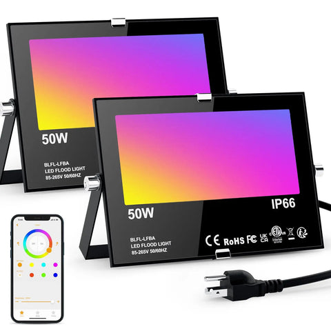 Two Outdoor RGB Flood Lights With 500W Equivalent Brightness Bluetooth App Control IP66 Waterproof displayed with smartphone app.
