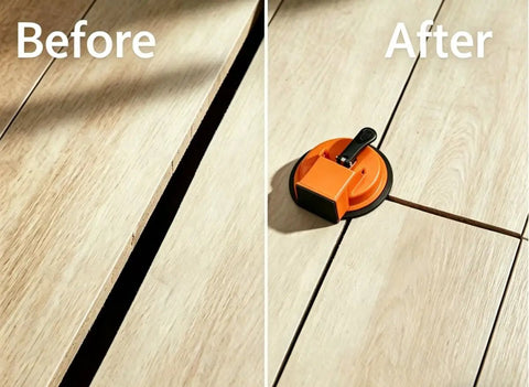 Before and after floor repair using Heavy Duty Floor Gap Fixer With Rubber Mallet 70KG Suction Cup Puller for tight seams on laminate.
