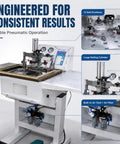Heavy Duty Built Like A Tank Pneumatic Picture Frame Corner Joiner Machine Featuring Quick Toggle Automatic And Manual Settings. A closer view showing nails and controls.