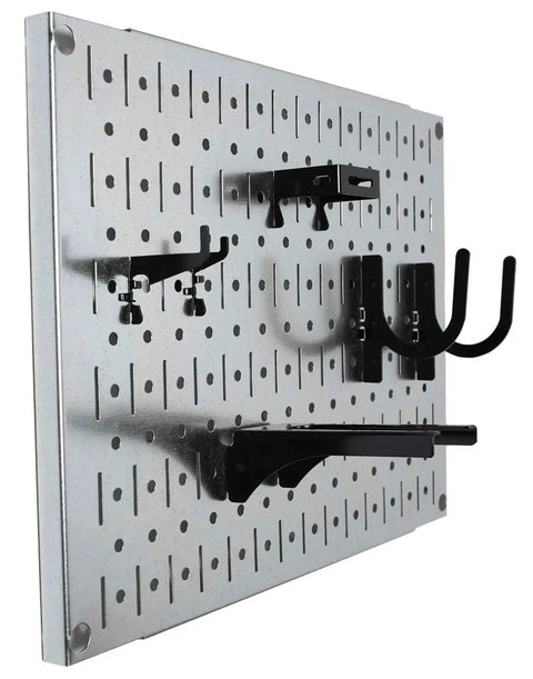 Side view of a galvanized steel modular pegboard wall organizer with attached hooks, part of the Modular Pegboard Wall Organizer Tiles Set DIY Friendly Four 12 Inch Tall By 16 Inch Wide Steel Peg Board Panels Galvanized Metal Storage Tiles Easy To Install Expandable Wall System That Accepts Round Pegs And Slotted Pegs.