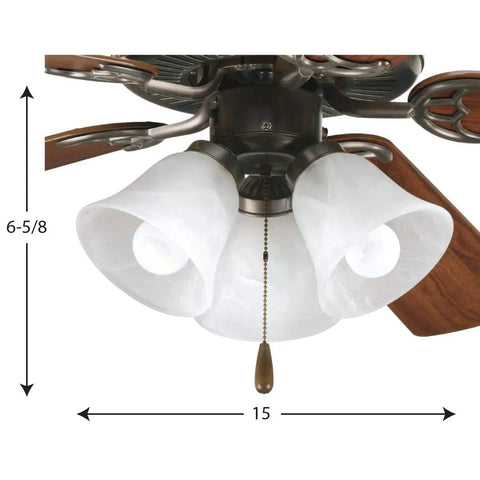 Three Light LED Fan Light Kit in Antique Bronze with White Washed Alabaster Glass Shades, Spring Clip Glass Attachment
