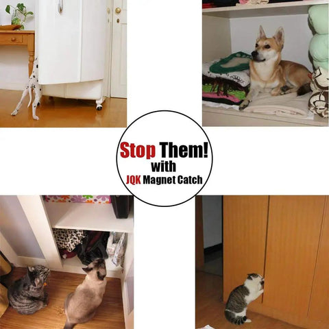 Pets attempting to open cabinets, displaying effectiveness of Heavy Duty Magnetic Cabinet Door Catch Set Stainless Steel Rustproof Closet Catches Hold 30 Lbs Each Ultra Slim 1.2mm Thick Furniture Latch Durable Kitchen Bath Bedroom Closets Pack Of 4.