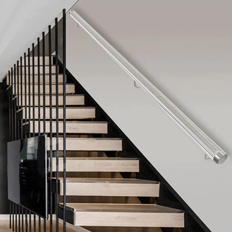 Get Ready To Level Up Your Space With This Epic Custom Acrylic Handrail Kit For Stairs Featuring Crystal Clear Lucite on indoor staircase.