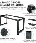 47 Inch Modern Rustic Computer Desk With Metal Legs And Adjustable Feet, diagram showing frame details and adjustable leg pads.