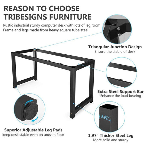 47 Inch Modern Rustic Computer Desk With Metal Legs And Adjustable Feet, diagram showing frame details and adjustable leg pads.