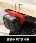 Rock Solid Brushless 7 Inch Jobsite Fan Delivering A Smooth 500 Cfm Breeze With A flexible 180 Degree pivoting head mounted on a wood beam.