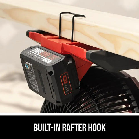 Rock Solid Brushless 7 Inch Jobsite Fan Delivering A Smooth 500 Cfm Breeze With A flexible 180 Degree pivoting head mounted on a wood beam.